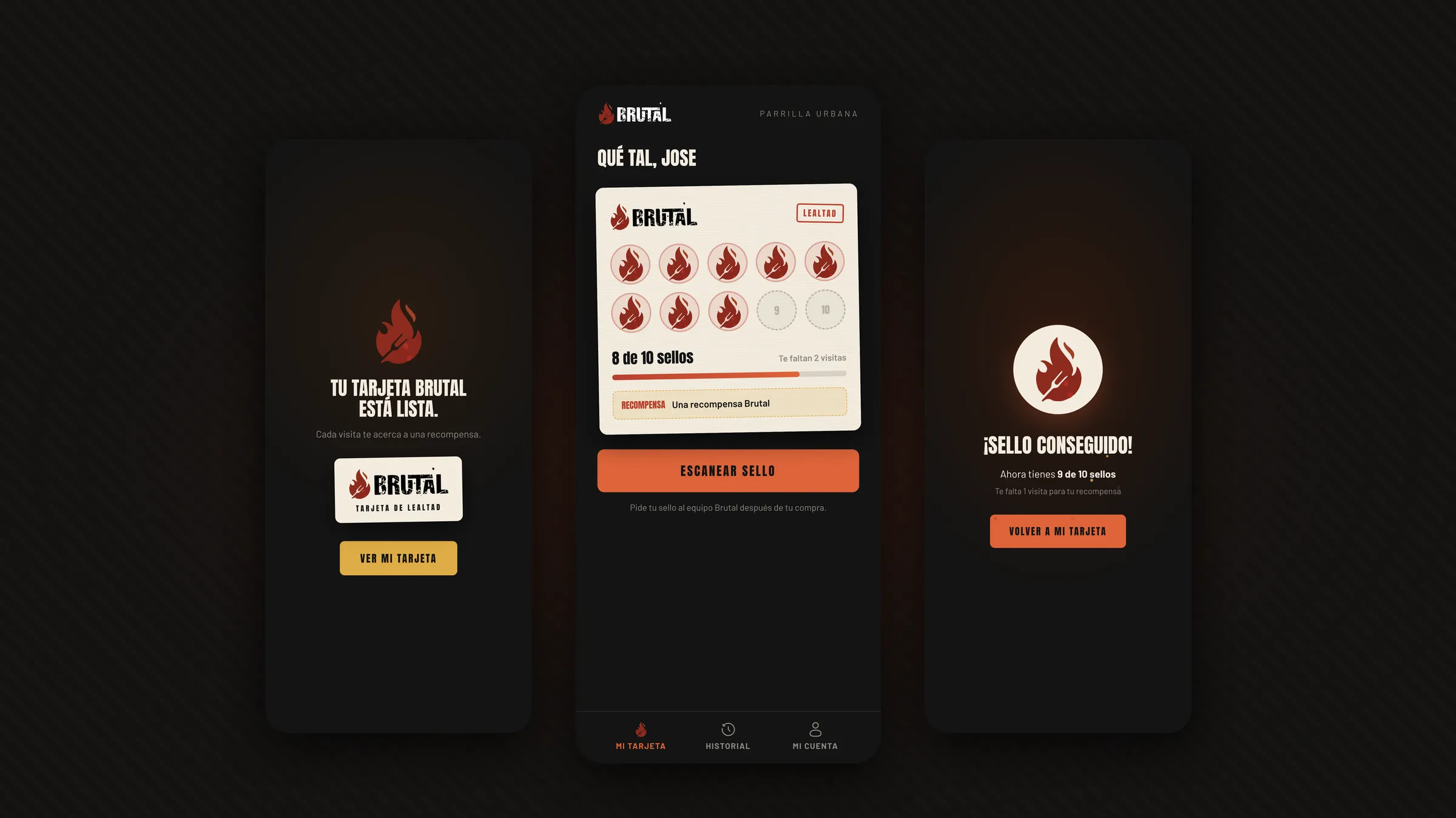 Three screens of the Brutal loyalty app, card ready confirmation, the ten-slot stamp card with eight stamps, and the stamp earned screen