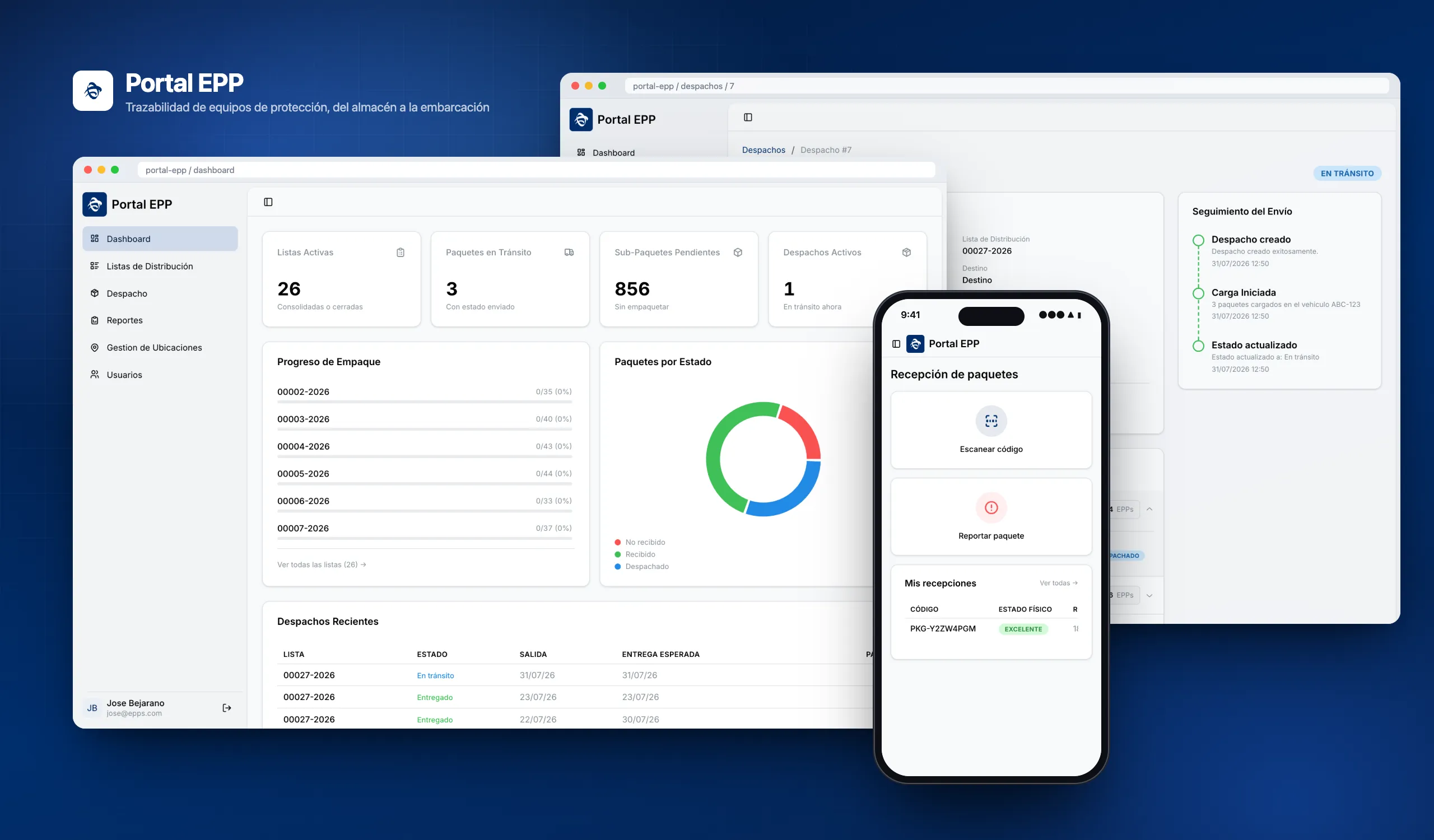 Portal EPP showcase with the warehouse dashboard, a shipment tracking view, and the mobile package reception screen
