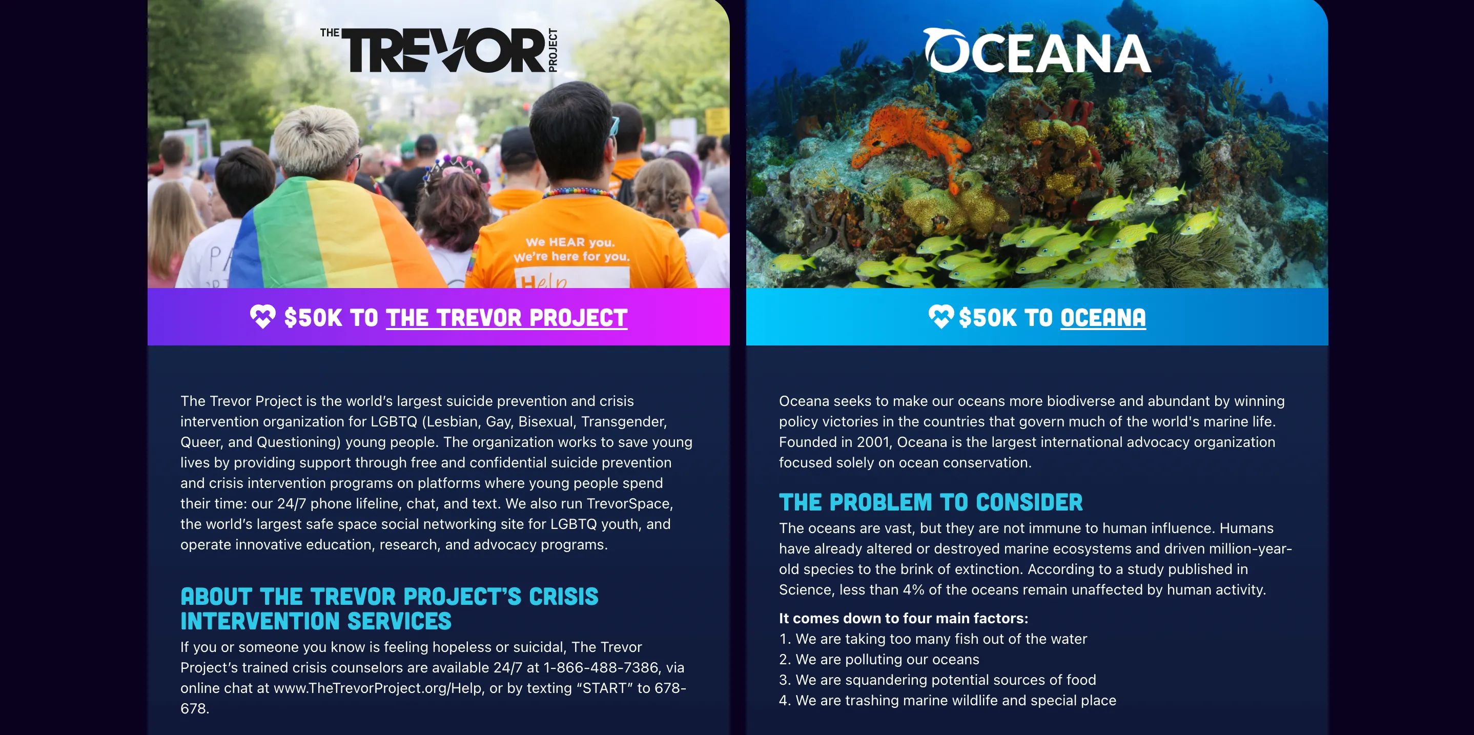 Season 1 charity cards for The Trevor Project and Oceana, $50K each