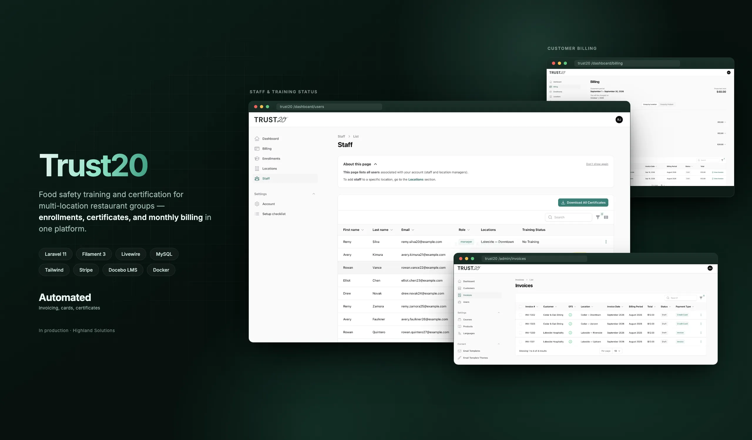 Trust20 showcase with the staff and training status list, the customer billing page, and the admin invoices table